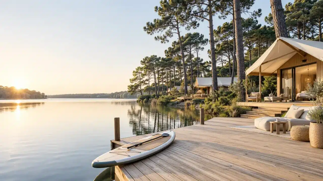 Camping luxe Landes au bord d'un lac entouré de forêt