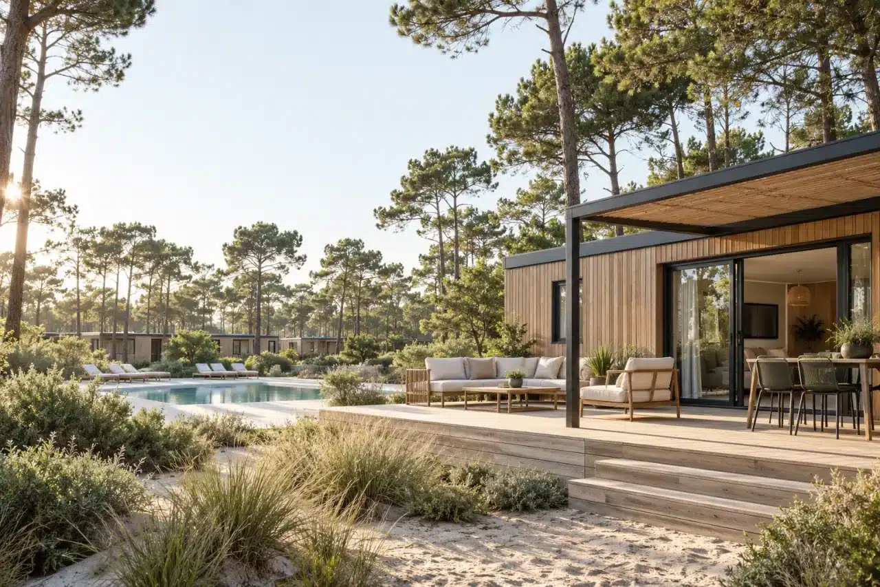 Camping luxe Landes sous les pins avec mobil-home premium et piscine