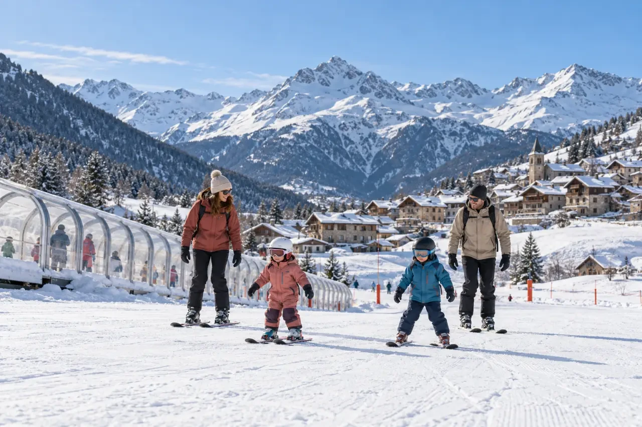 Famille dans une station de ski familiale des Pyrénées avec espace débutants