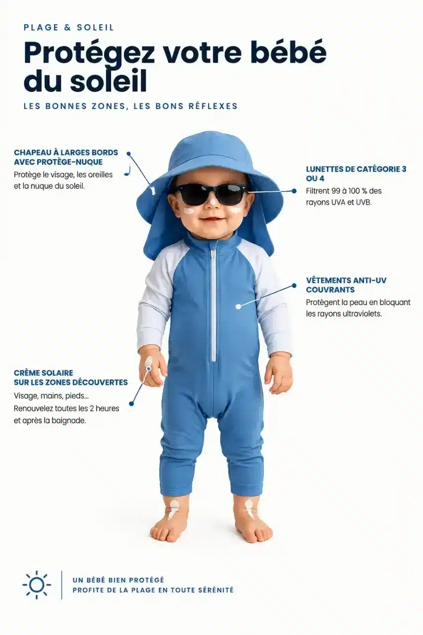 Plage et bébé : tenue complète anti-UV et zones de protection du soleil