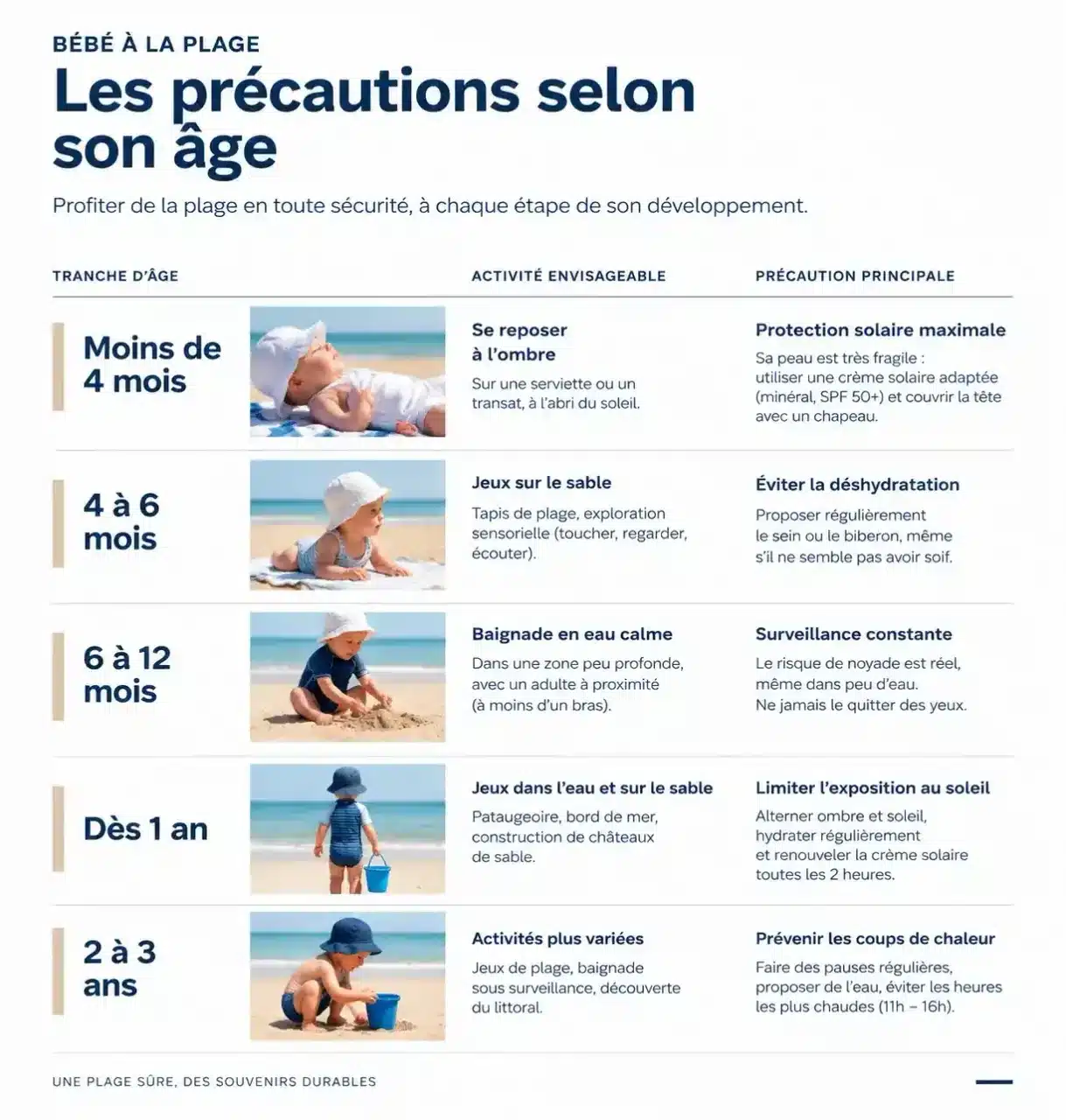Plage et bébé : repères par tranche d'âge, activités possibles et précautions principales