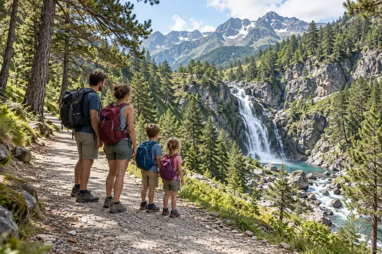 Balade familiale pendant des vacances Pyrénées été près d'une cascade