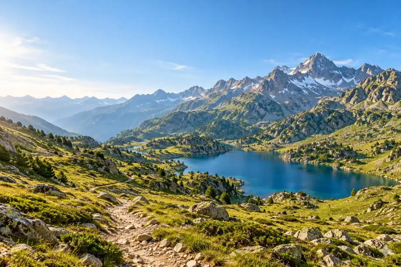 Paysage de montagne pour des vacances Pyrénées été avec lac et sentier de randonnée