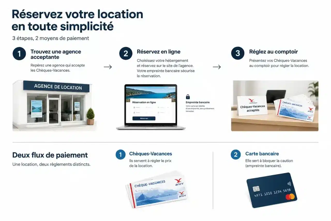 Parcours ANCV location voiture en trois étapes : trouver une agence, réserver, payer en Chèques-Vacances avec caution par carte bancaire